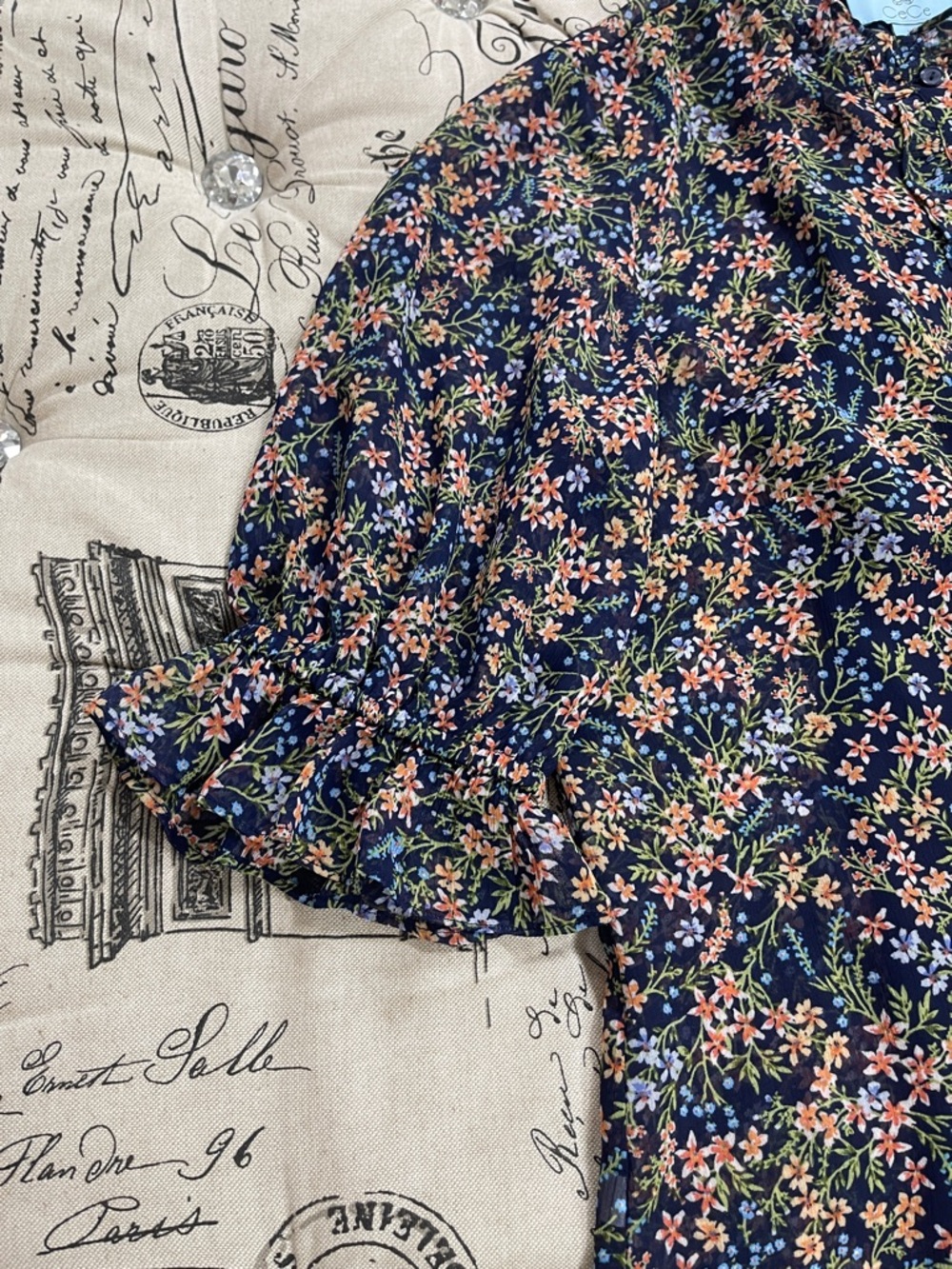 CeCe Navy Floral Button-Front Top with Ruffle Trim - Picture 5 of 10